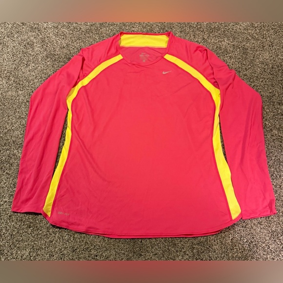 Nike women’s Dri-Fit pink yellow XL running crewneck long sleeve shirt - Picture 1 of 6